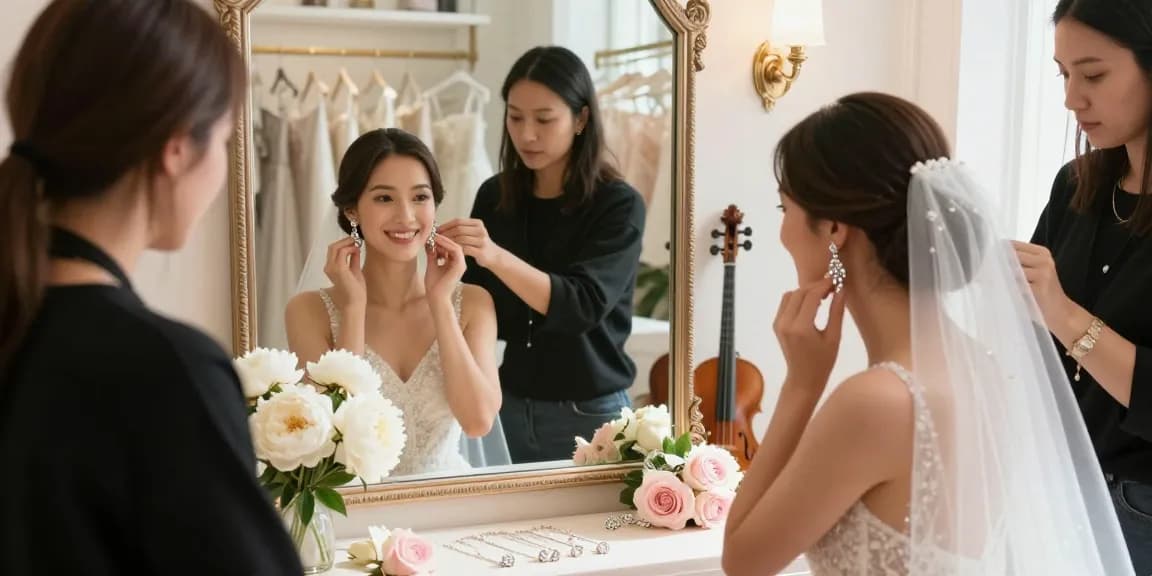 Bridal diamond earrings sparkling in a sunlit bridal boutique as a bride admires them in front of a vintage mirror.