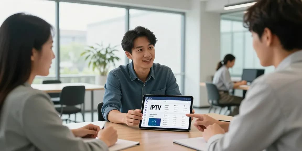 Trusted IPTV UK reseller discussing services with local clients in a community-oriented office setting.