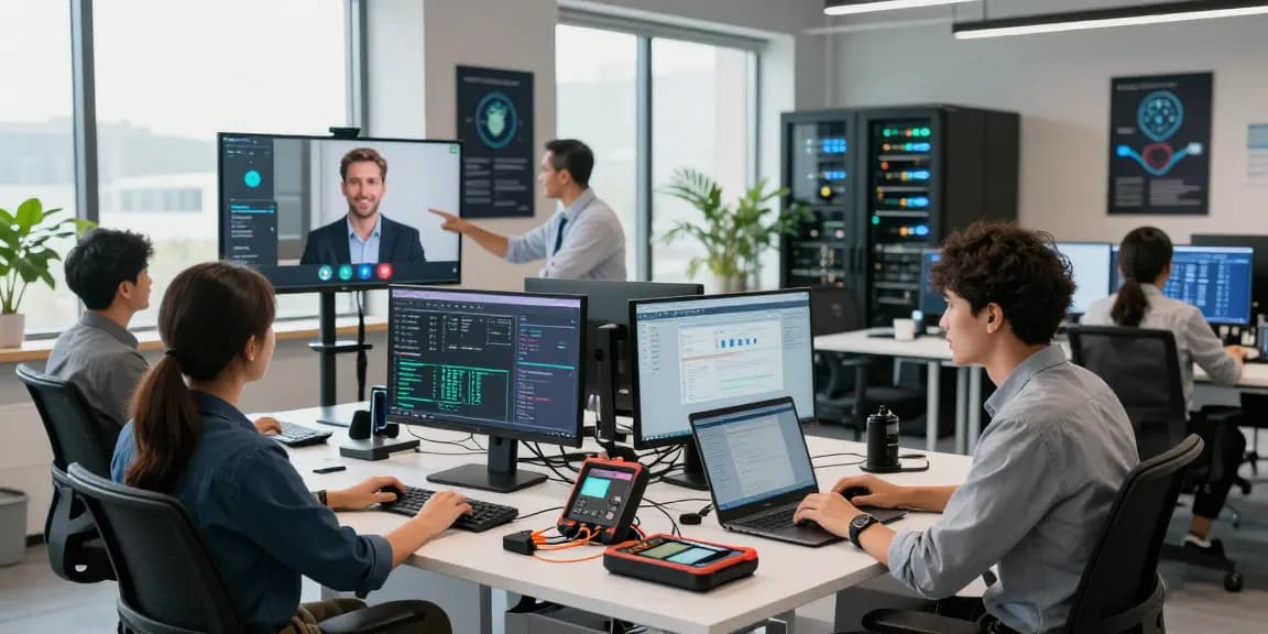 What is the best IT support company in London? IT professionals collaborating in a modern office environment with live system metrics.
