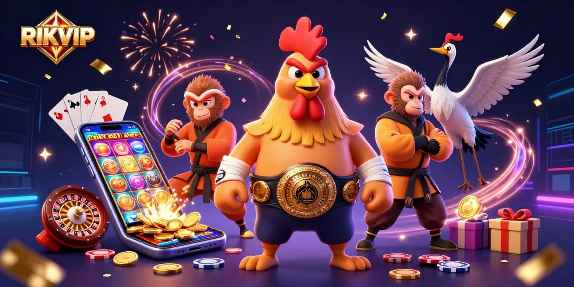 Engage with RIKVIP's vibrant casino environment through immersive 3D characters and gaming elements.