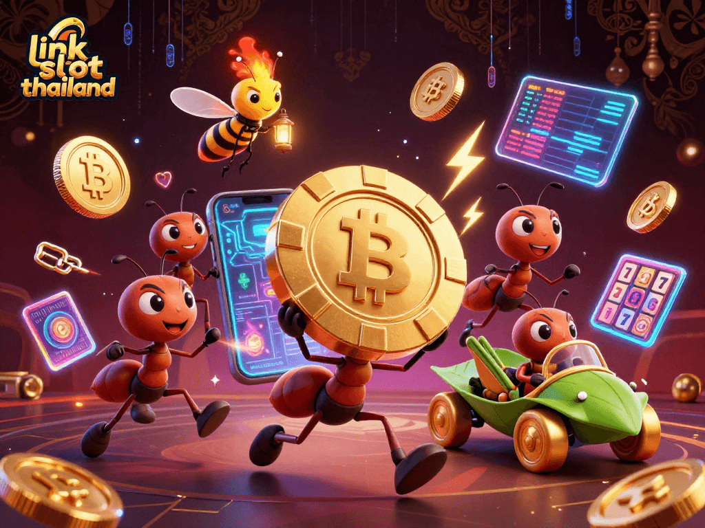 Celebrate winning at link slot thailand with vibrant 3D imagery of ants carrying a massive poker chip.