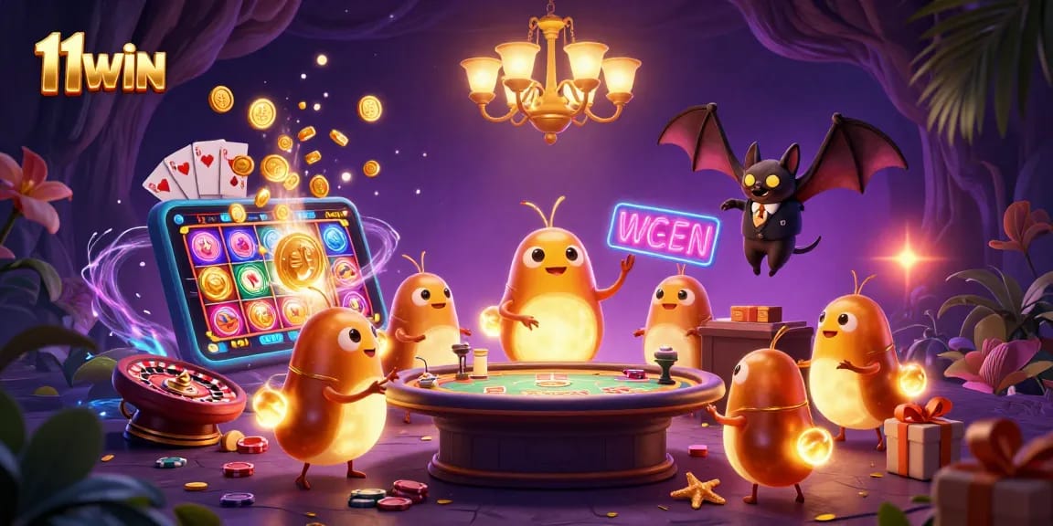 Experience the vibrant glow of 11WIN with a lively cave casino illustration featuring animated glowworms.