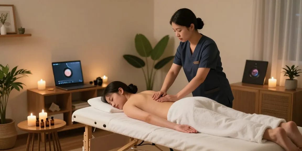 출장안마 services in a peaceful home massage setting with essential oils and calming decor.
