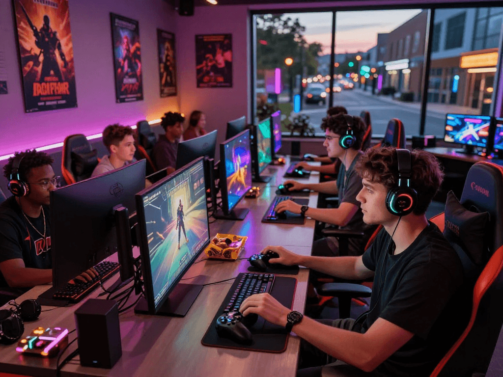 Engaged players enjoying sex game in a vibrant gaming lounge.
