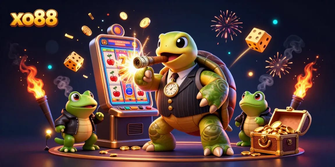 Experience the charm of xo88 with a lively 3D illustration showcasing a casino scene filled with vibrant characters and jackpot surprises.