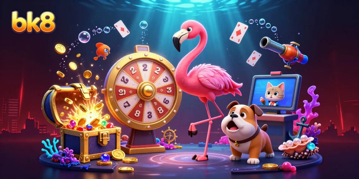 Spin the giant prize wheel with bk8 while the excited bulldog claims rewards in a vibrant casino scene.