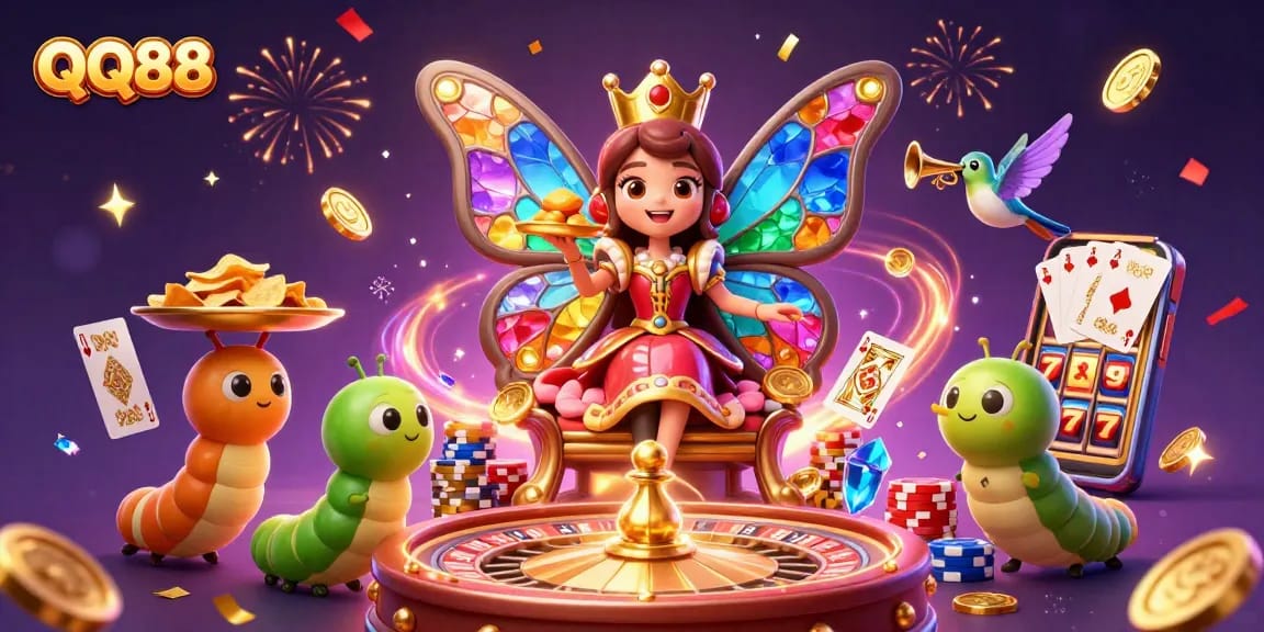 Engage with QQ88's thrilling casino experience featuring the butterfly queen amidst vibrant game elements.