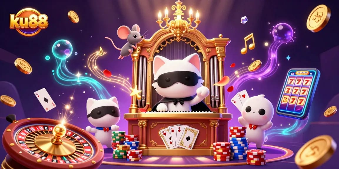 Experience exhilarating gameplay at ku88 with a vibrant casino scene featuring charming characters and iconic elements.