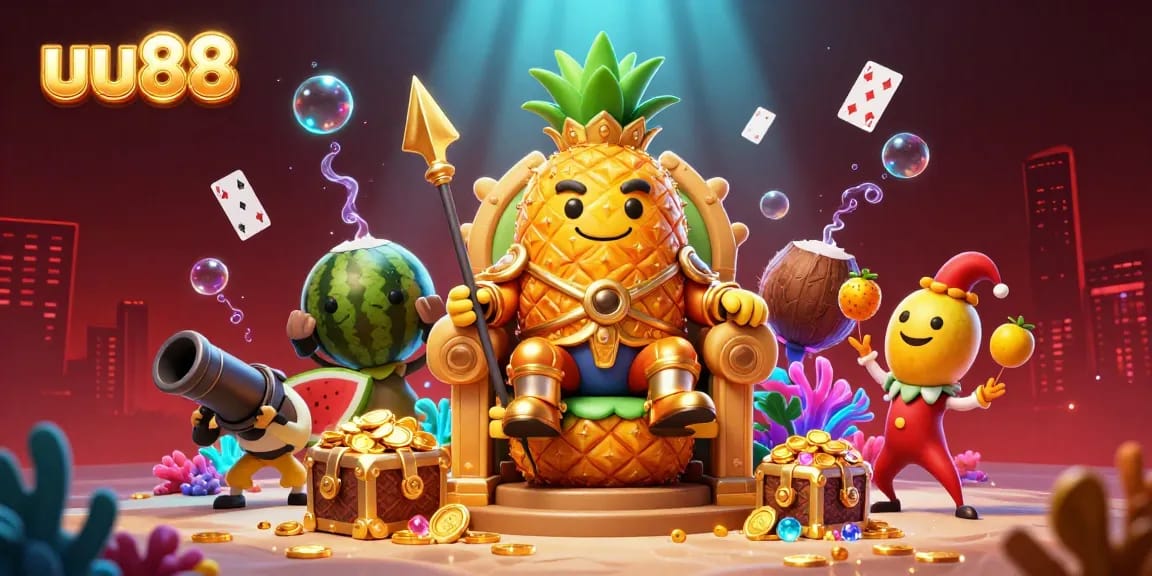 Experience exhilarating gaming with uu88's vibrant scene featuring a golden pineapple king in a beach casino.