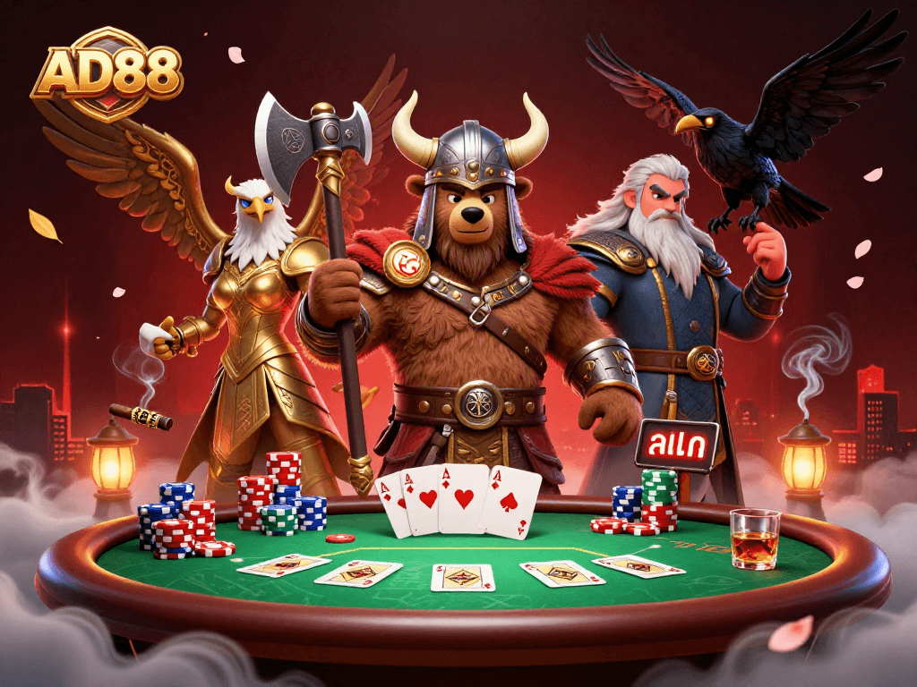 Experience dynamic poker action at AD88 with a Viking bear, Valkyrie eagle, and poker elements.