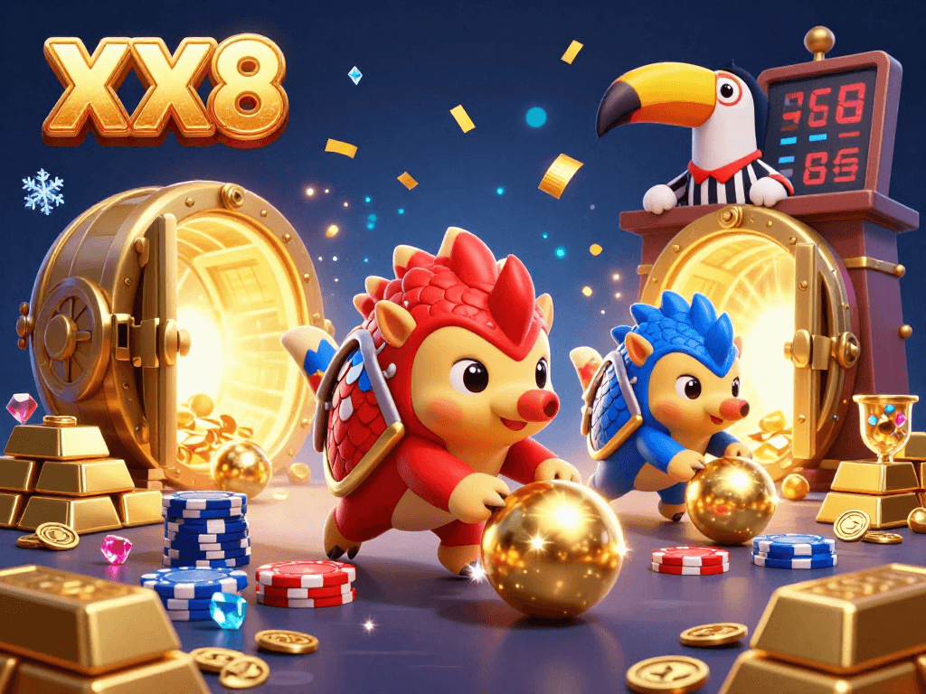 Join the action with XX8 as rival pangolins compete in a vibrant 3D casino scene filled with golden treasures.