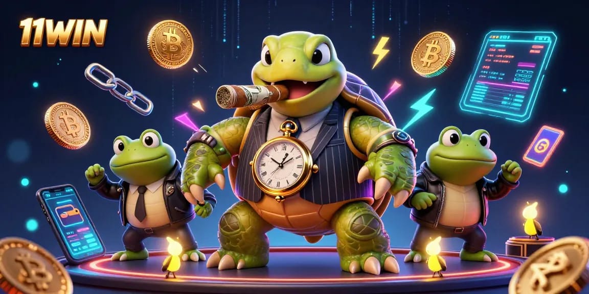 Engage with thrilling gaming action at 11WIN featuring vibrant characters and crypto elements.