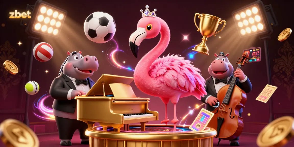 Engage in thrilling betting experiences with zbet's vibrant casino illustration showcasing lively characters and dynamic game elements.