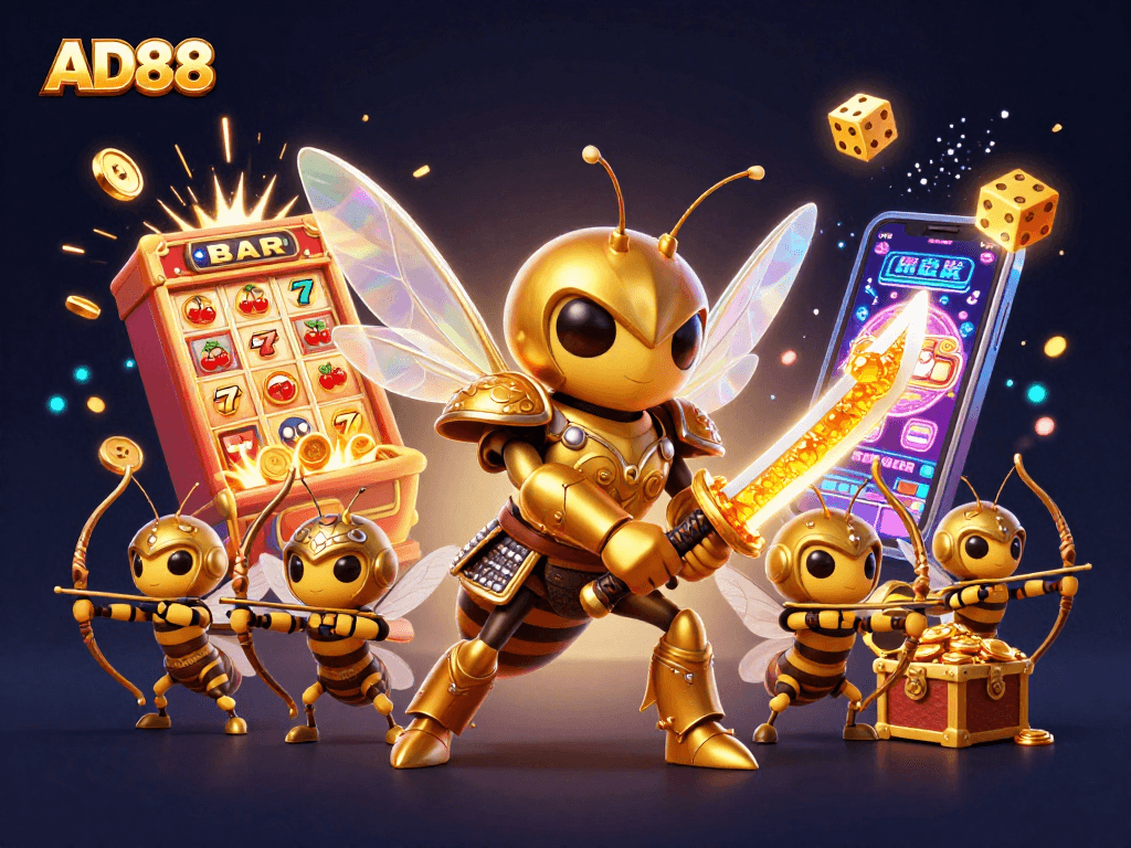 Spin and win with AD88 featuring a dynamic 3D illustration of a golden hornet samurai amidst casino excitement.