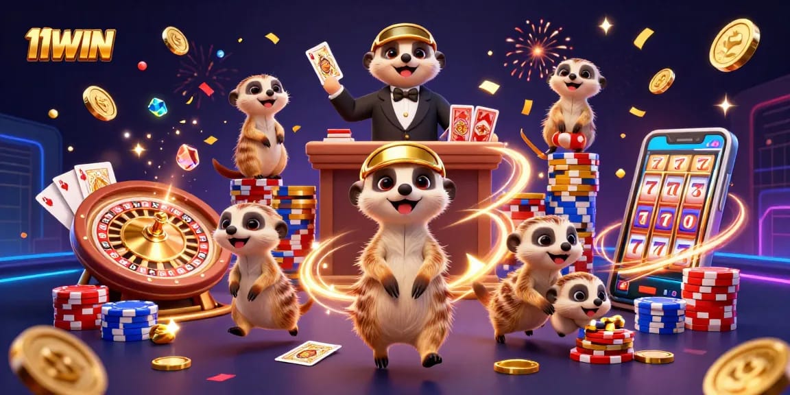 Experience the thrill of 11WIN as meerkats run a lively casino, surrounded by coins and roulette wheels.