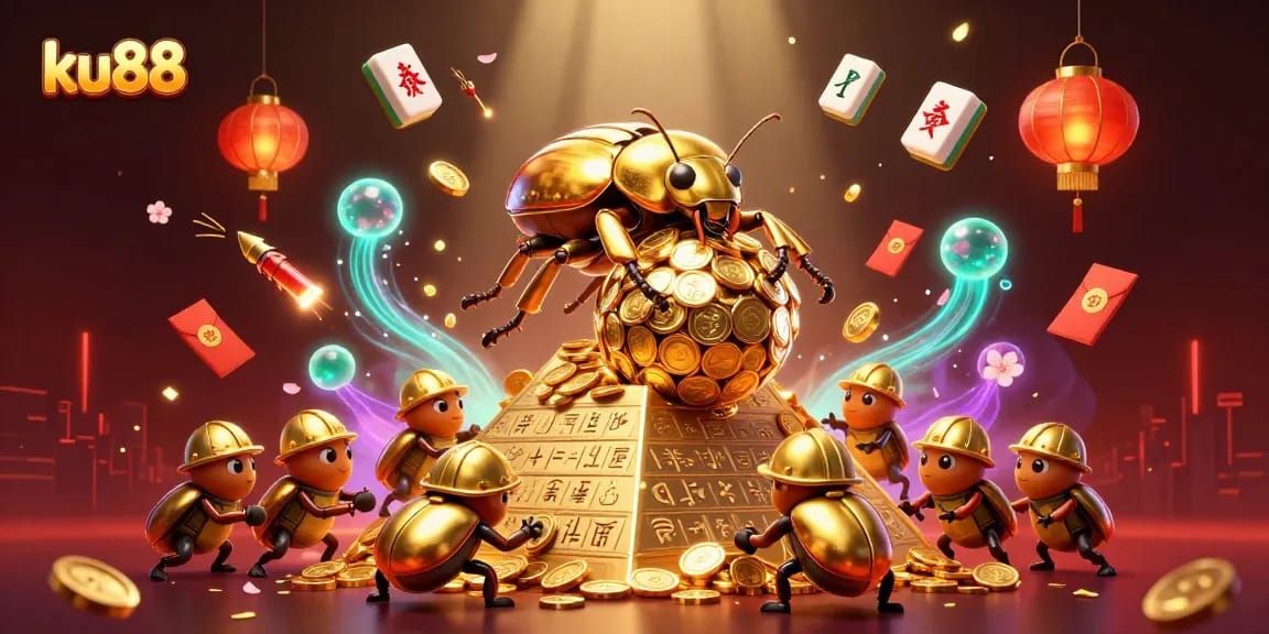 ku88 engaging casino scene with golden beetles and festive gaming elements