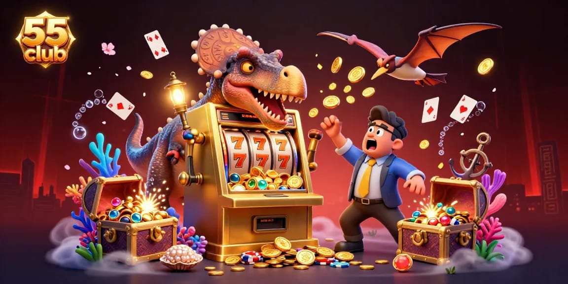 The 55 club showcases a thrilling scene with a pachycephalosaurus headbutting a golden slot machine and a pteranodon catching coins.
