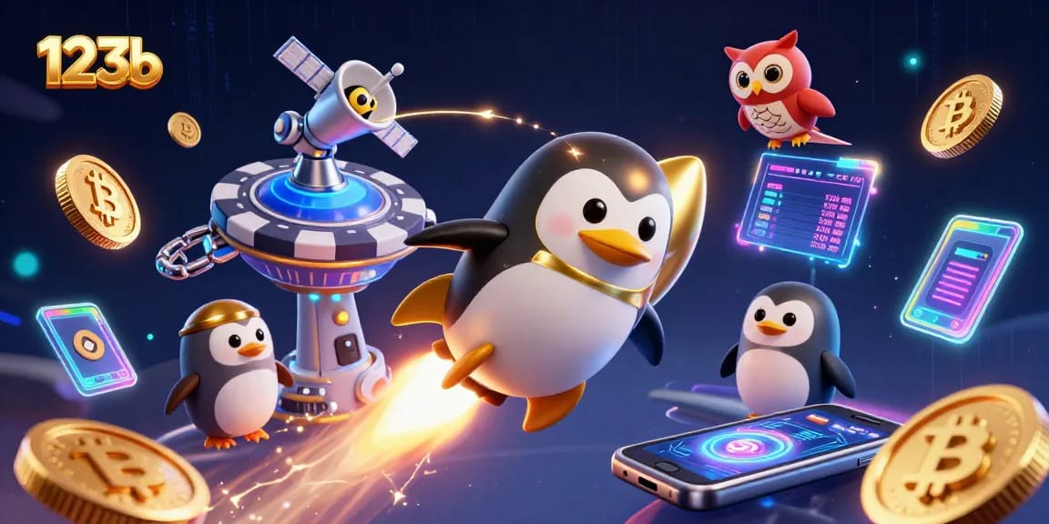 Experience the thrill of 123b with a golden penguin racing through a vibrant casino cosmos.