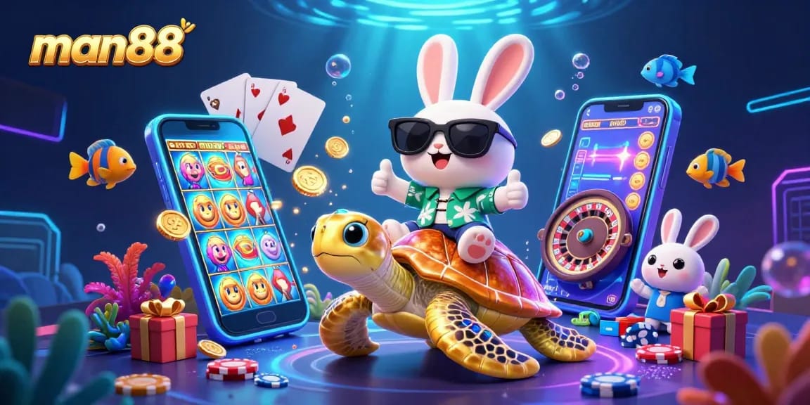 Experience winning moments with man88 in a vibrant 3D casino scene featuring lucky rabbit and items.