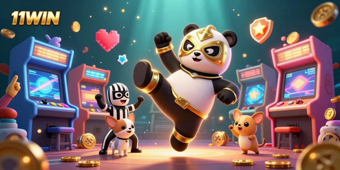 Experience thrilling action with 11WIN as a panda wrestler performs a flying kick amidst colorful casino arcade games.