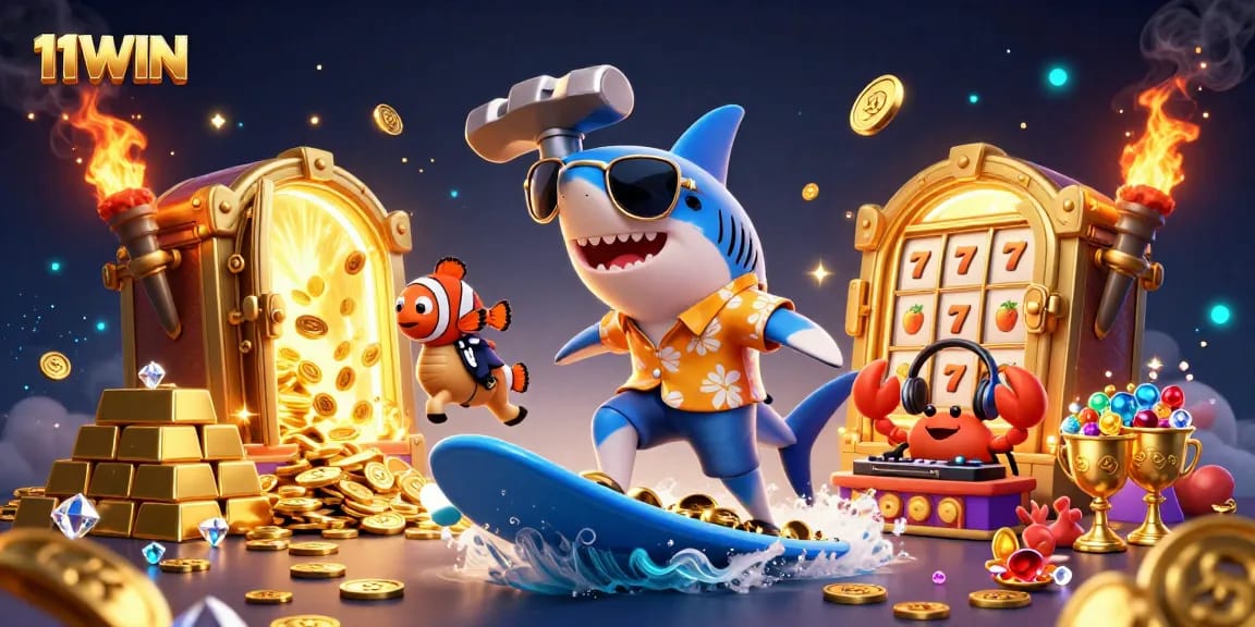 Experience thrilling gameplay with the vibrant 11WIN casino illustration featuring a playful shark and treasures!