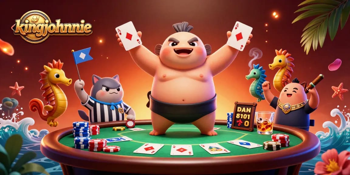 Join kingjohnnie's poker game featuring a dynamic underwater scene with a fugu and a catfish referee.