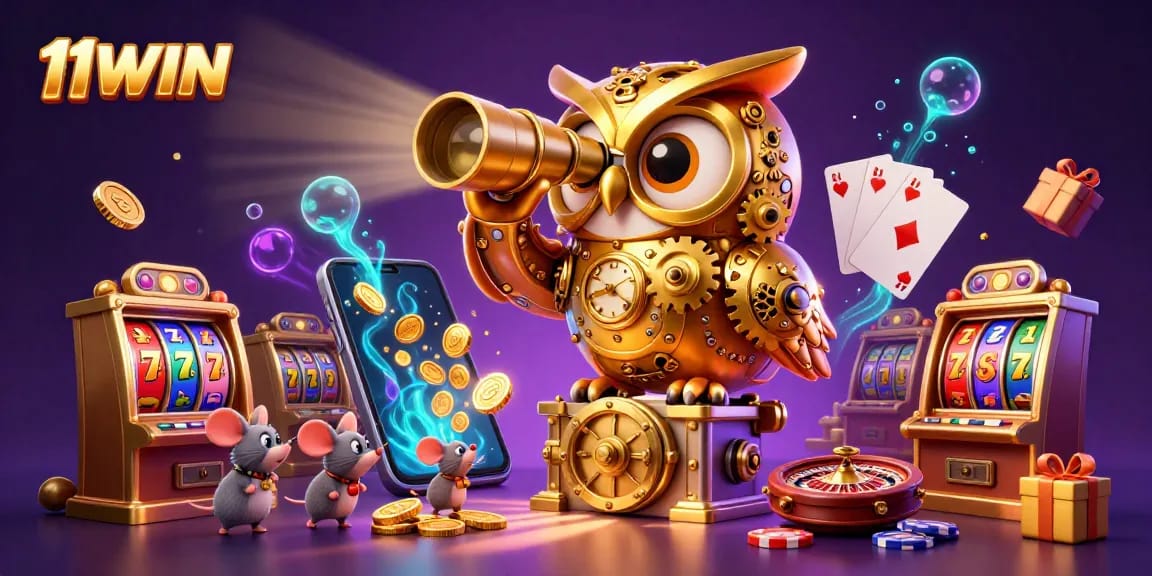 Experience the vibrant casino adventure of 11WIN with a golden owl and exciting game elements.