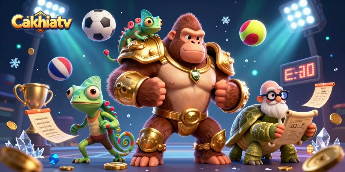 Cakhiatv showcases a vibrant 3D scene with a gorilla king, chameleon, and tortoise among sports elements.