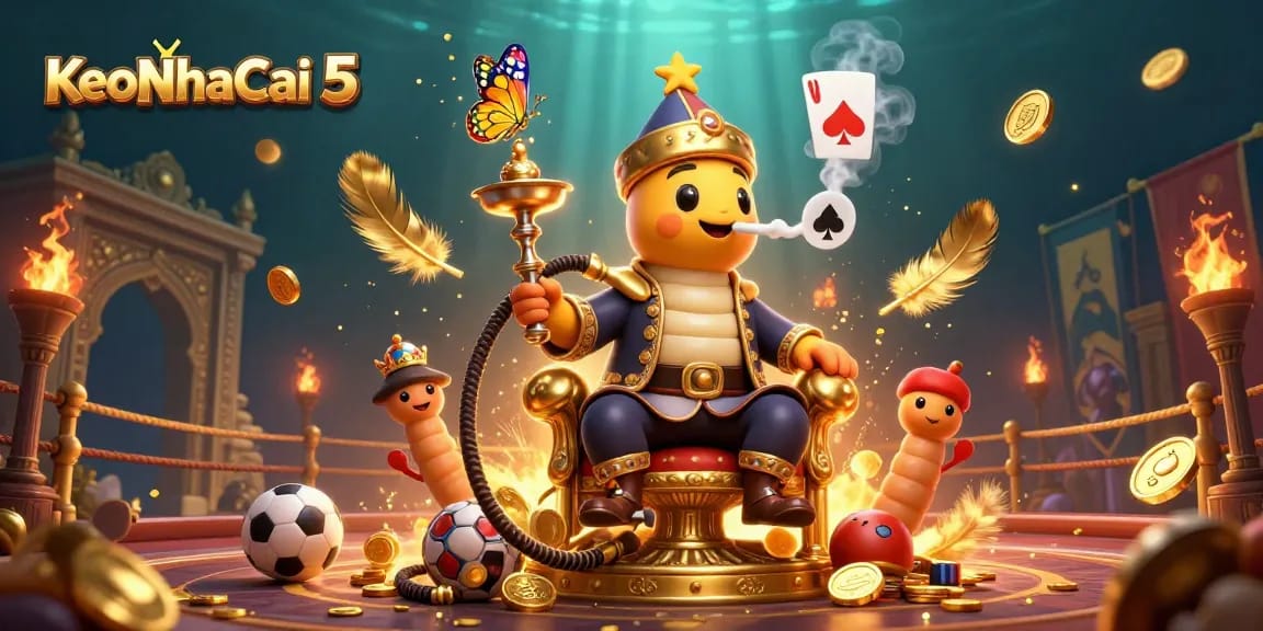 Engage in thrilling gaming adventures with KeoNhaCai 5, featuring a vibrant scene of a caterpillar hookah-master and sports elements.