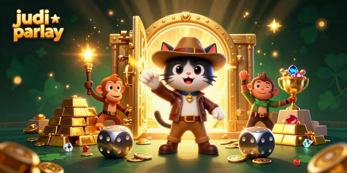 Engage in judi bola parlay action with a thrilling scene featuring an explorer cat and a treasure vault.
