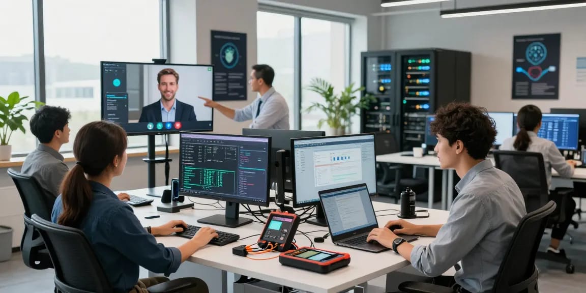 What is the best IT support company in London? IT professionals collaborating in a modern office environment with live system metrics.