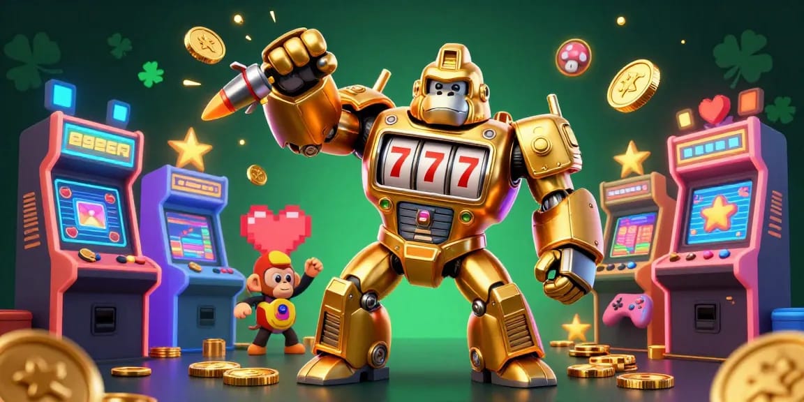 Experience thrilling wins with bk8's golden gorilla mech bursting with coins in a vibrant casino setting.
