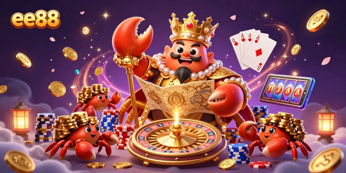Experience the excitement at ee88 with our golden crab emperor amidst a dazzling casino scene filled with riches.