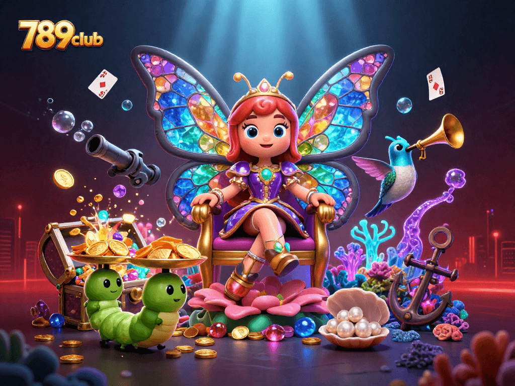 Bet on vibrant 789club scene with butterfly queen, gold coins, and colorful gems.