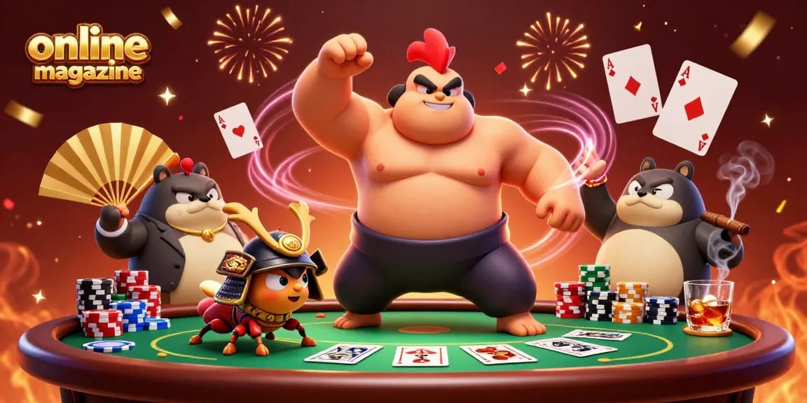 Engage with this lively online magazine scene showcasing a powerful rooster sumo wrestler at a poker table.