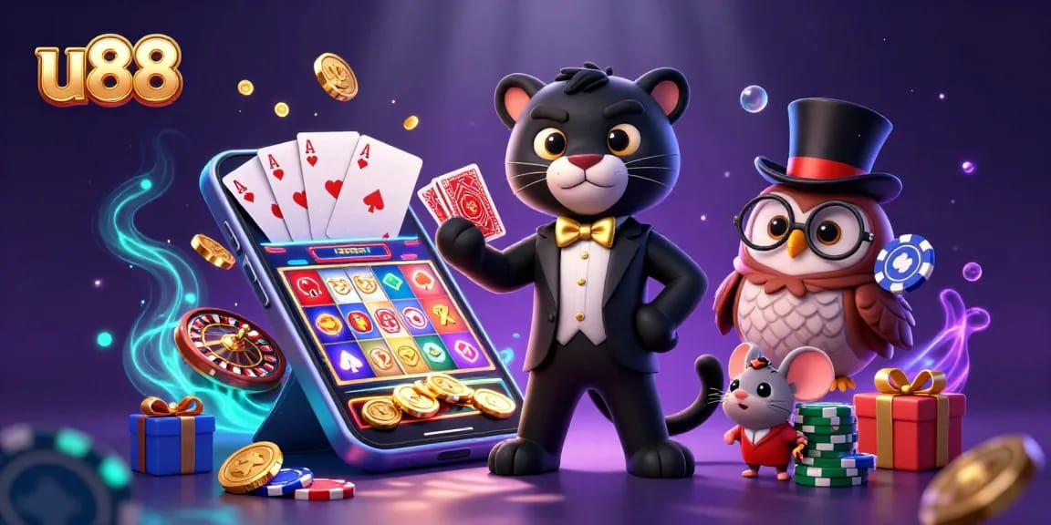 Spin reels with u88's thrilling gameplay featuring lively characters and vibrant casino elements.