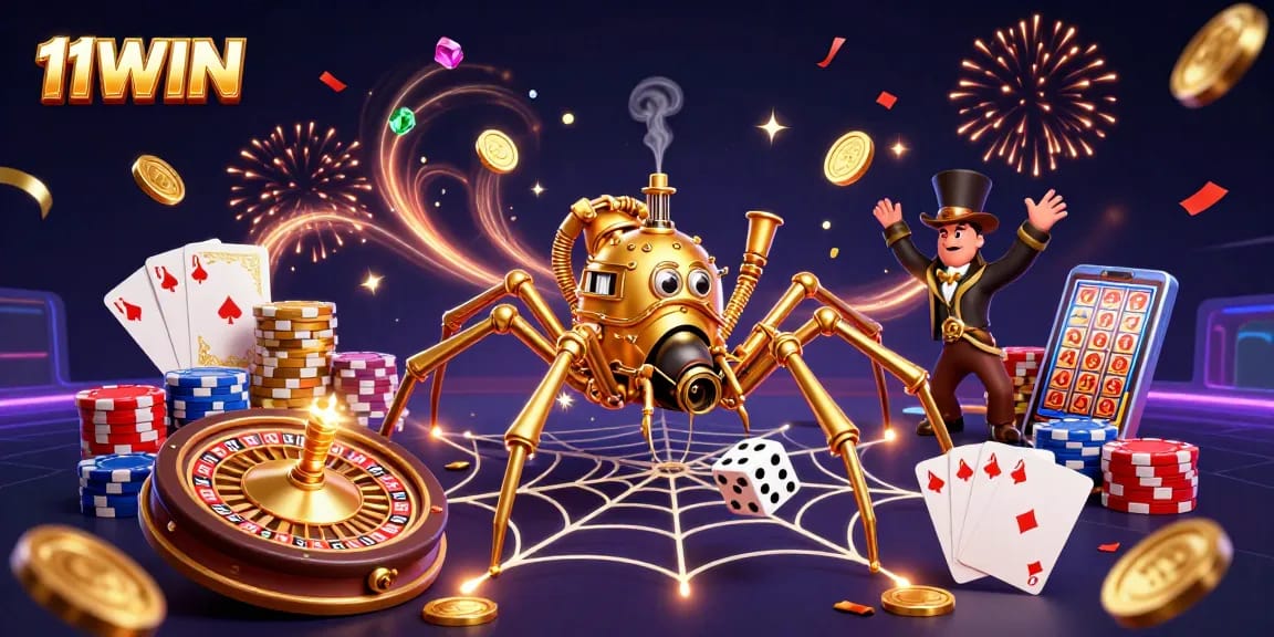 Experience thrilling wins at 11WIN, featuring a captivating steampunk scene with dice and poker chips.