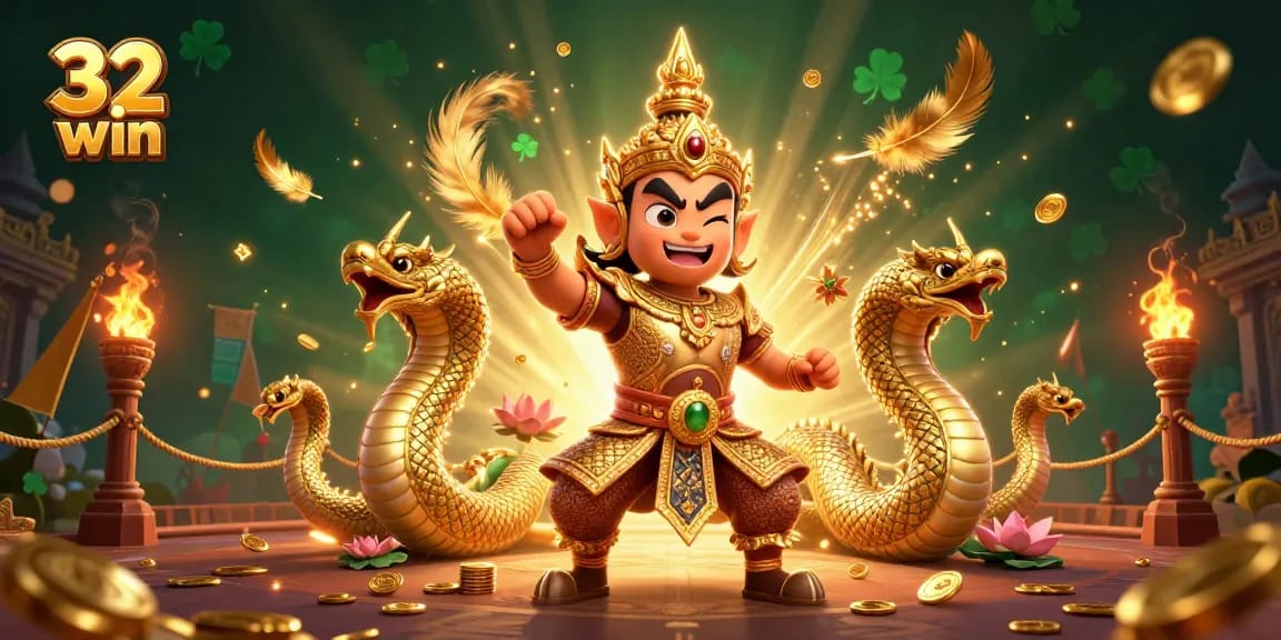 Engage with the vibrant 32 win experience featuring a dynamic Thai guardian and Naga serpents, presenting online gambling excitement.