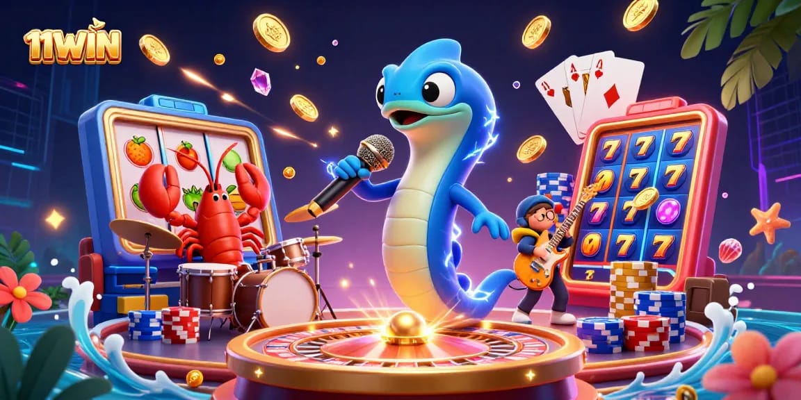 Experience the exciting gameplay of 11WIN with slot machine reels and underwater casino elements.