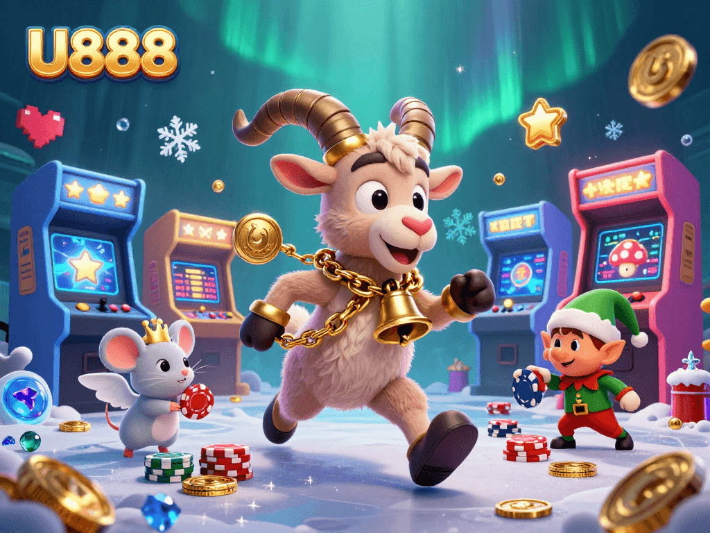 Experience exhilarating gameplay at U888 with lively characters and vibrant casino elements.