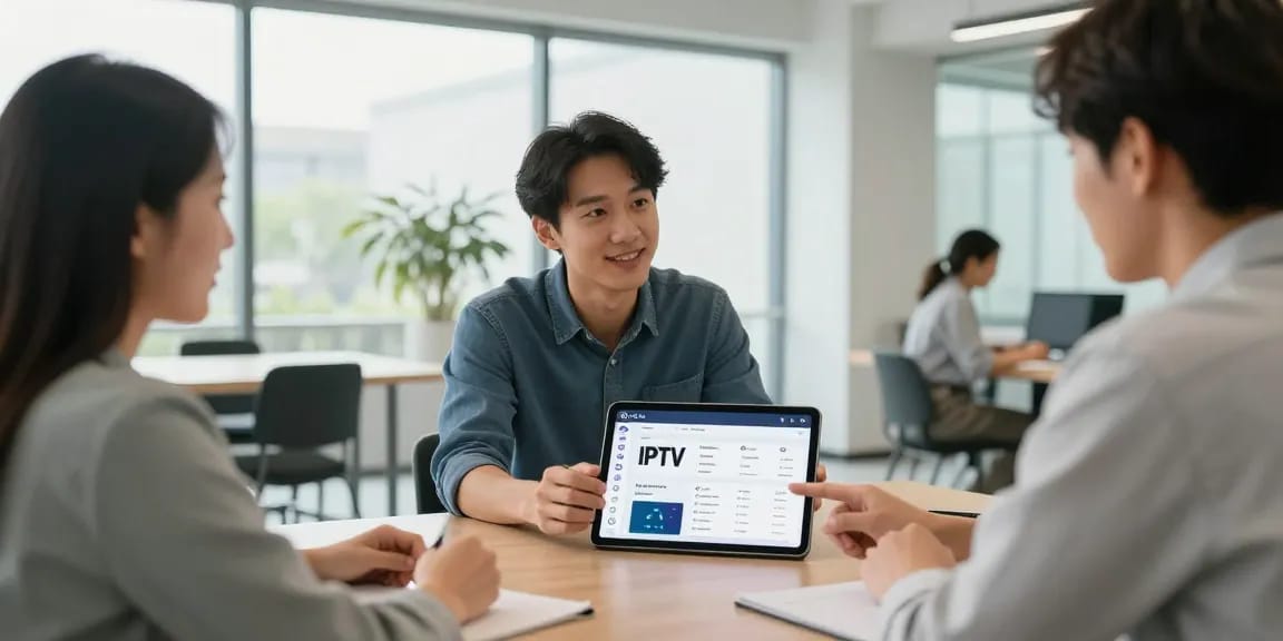 Trusted IPTV UK reseller discussing services with local clients in a community-oriented office setting.