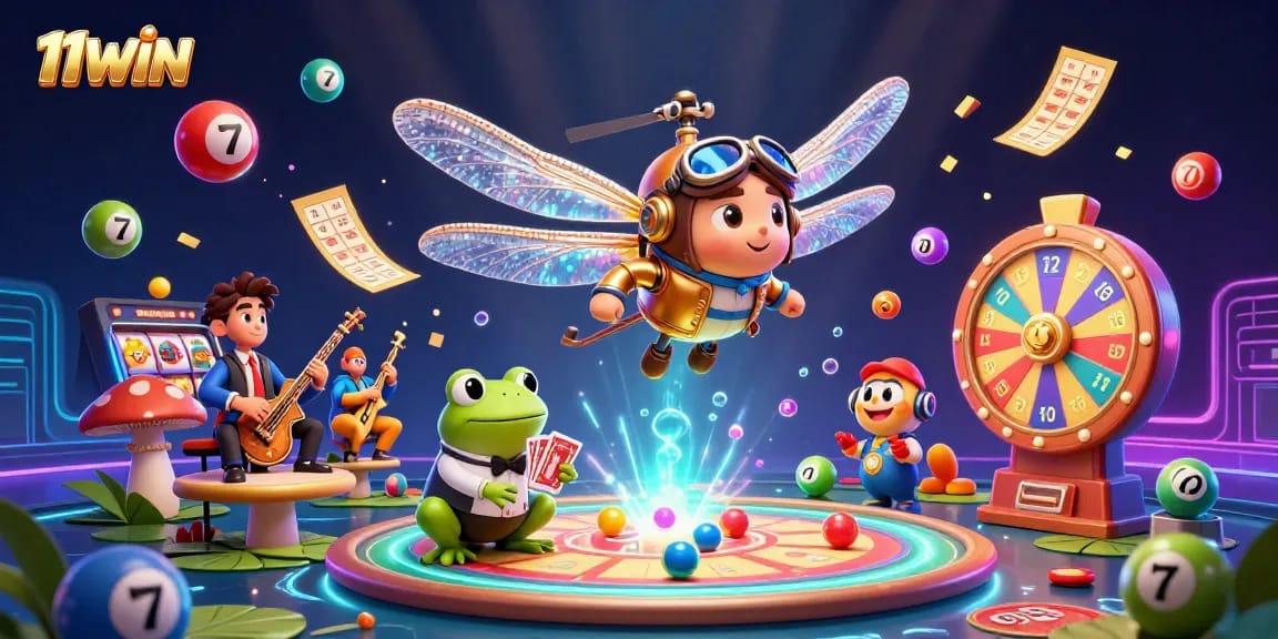 Engage with 11WIN at a lively casino scene featuring a dragonfly pilot, frog croupier, and vibrant game elements.
