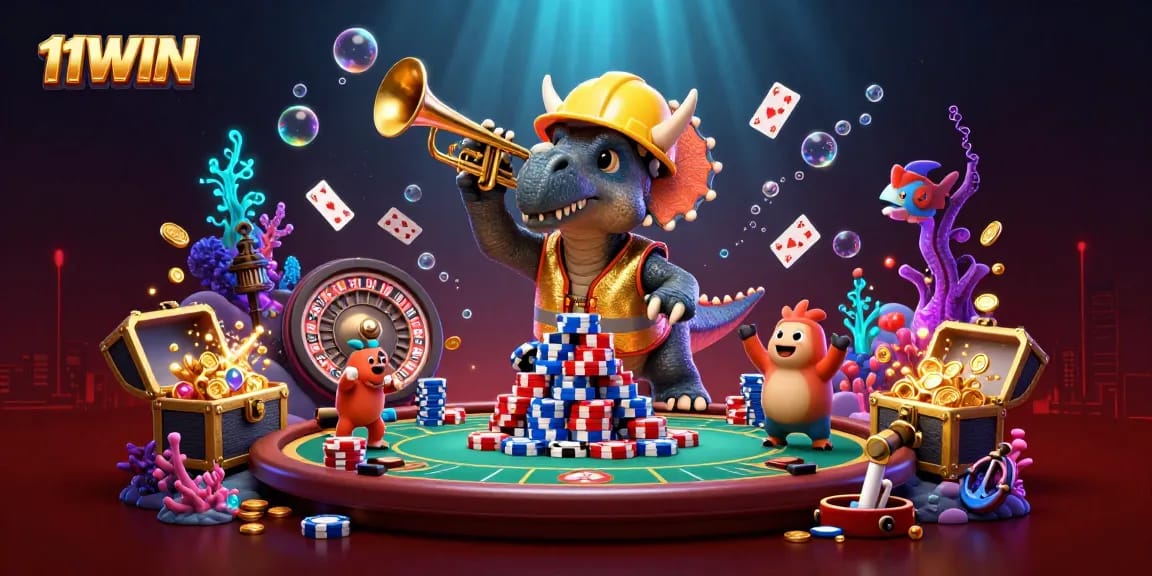Experience 11WIN with a bustling casino scene featuring dynamic characters and gaming elements.