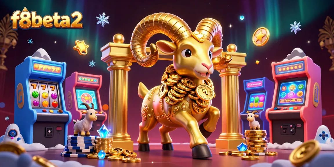 Experience f8beta2 with a massive golden ram charging through a jackpot scene filled with vibrant casino elements.