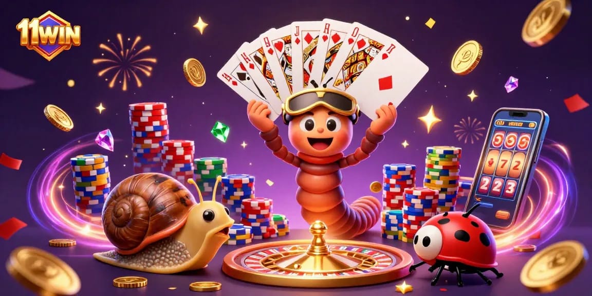 Experience 11WIN magic with a vibrant casino scene featuring dynamic characters and exciting game elements.