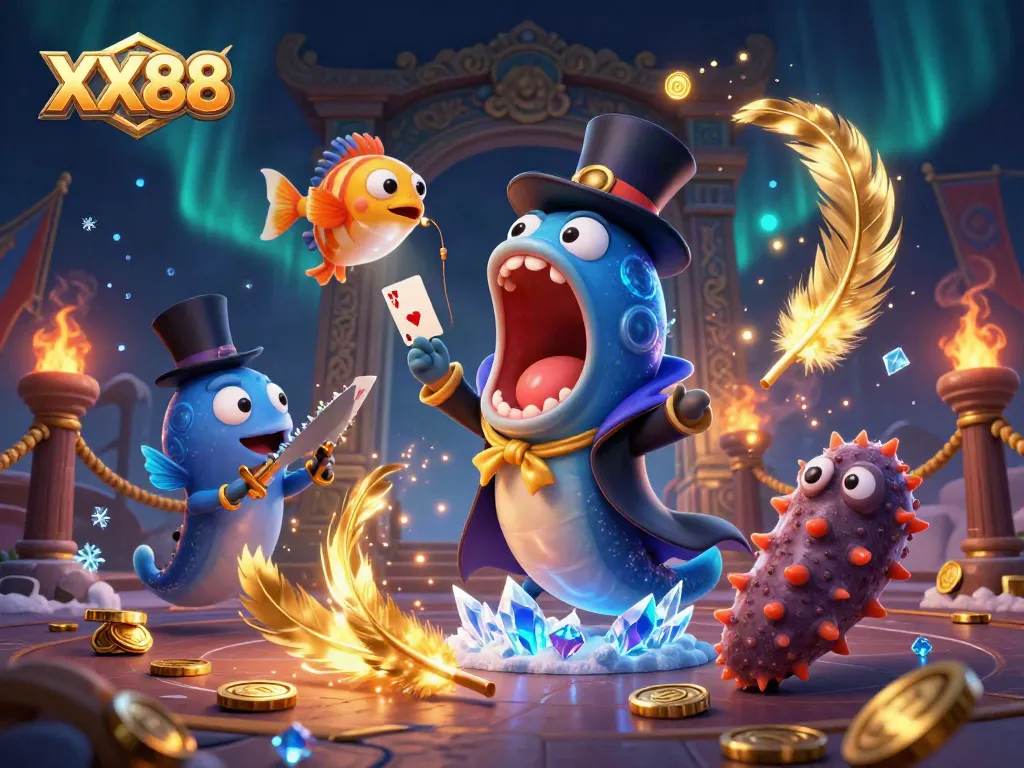 Experience the magic of XX88 with vibrant characters performing thrilling card tricks in a captivating casino scene.