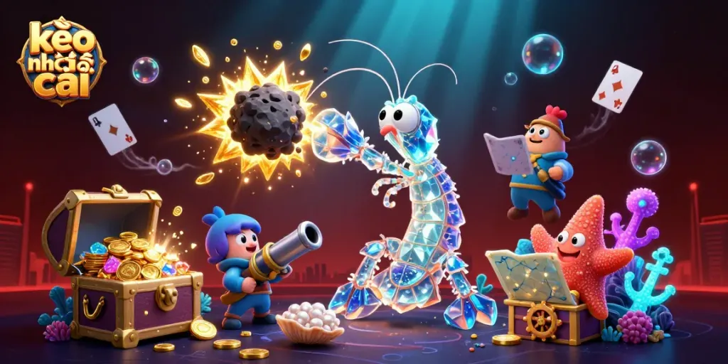 Engage with kèo nhà cái in this vibrant underwater scene showcasing thrilling gambling dynamics with a galactic mantis shrimp.
