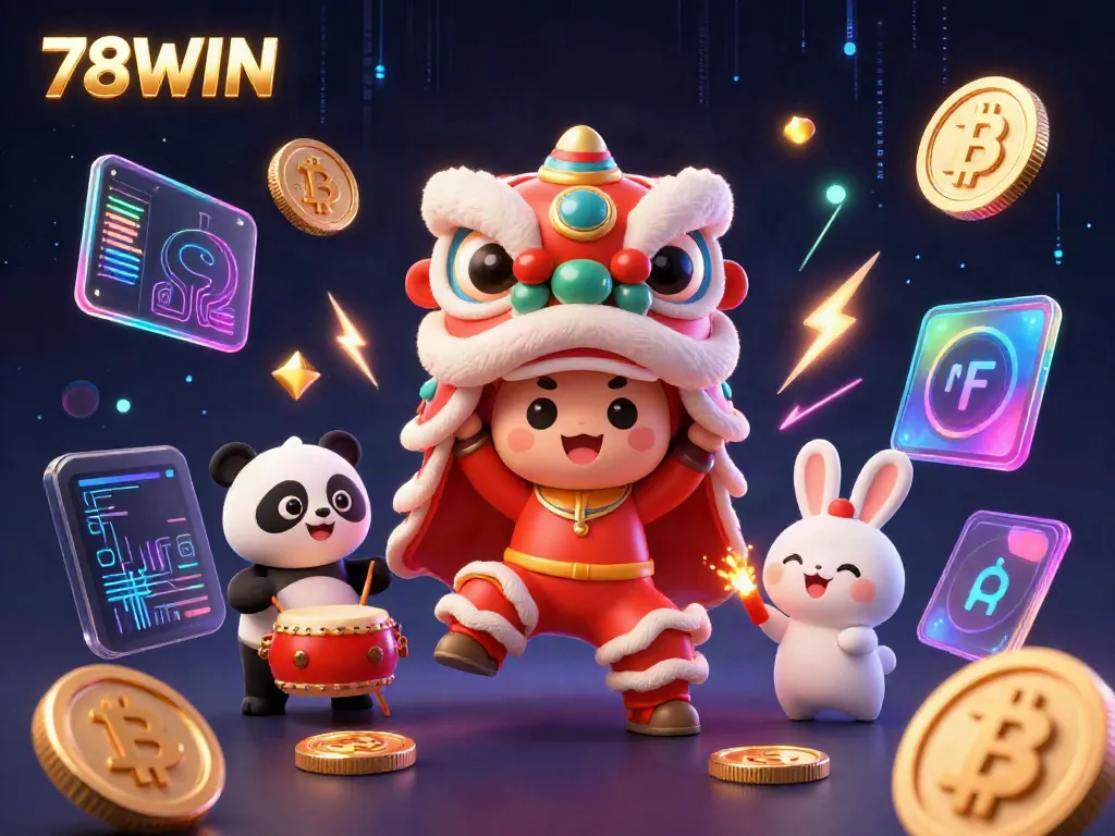 Engage with 78WIN's vibrant casino atmosphere filled with festive characters and crypto elements.