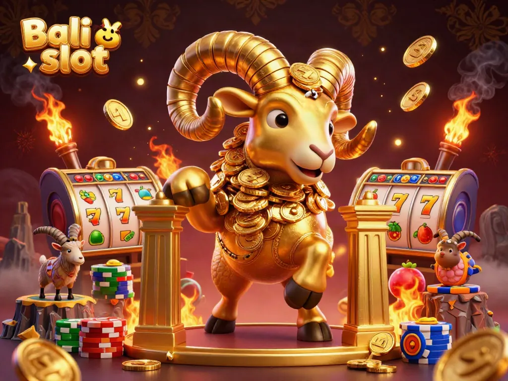 Engage in the exciting Bali slot with this vibrant 3D illustration featuring golden symbols and dynamic elements.