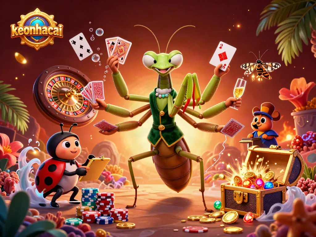 Engage with keonhacai as the 3D mantis dealer shuffles cards and chips in vibrant casino scene.